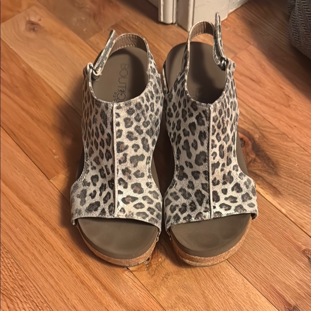 Corkys Taupe and Black Leopard Wedge Sandals